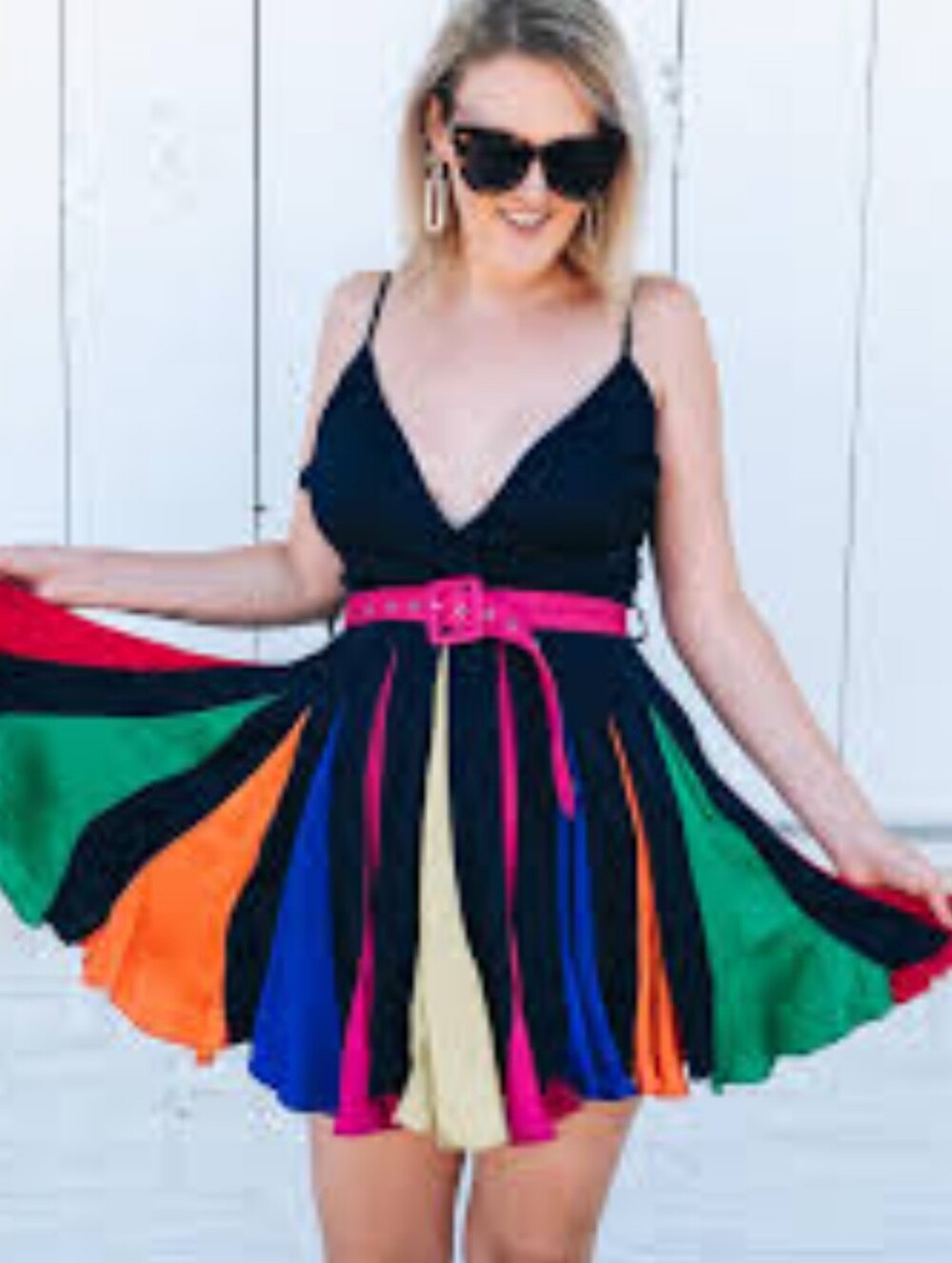 Latiste Black Spaghetti-Strap Mini Dress with Multicolor Pleated Skirt